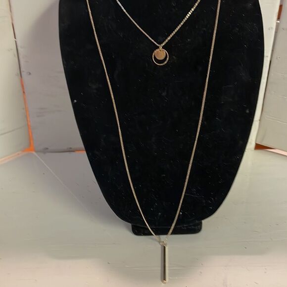 Double stranded bar and cluster necklace w/0.5” circular cluster/2” bar pendants - Picture 3 of 12